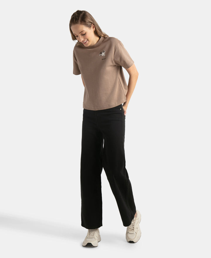 Super Combed Cotton Rich Oversized Graphic Print T-Shirt with Drop Shoulder Styling - Taupe Grey