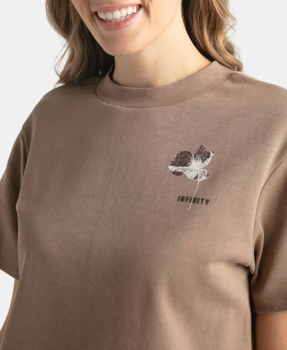 Super Combed Cotton Rich Oversized Graphic Print T-Shirt with Drop Shoulder Styling - Taupe Grey