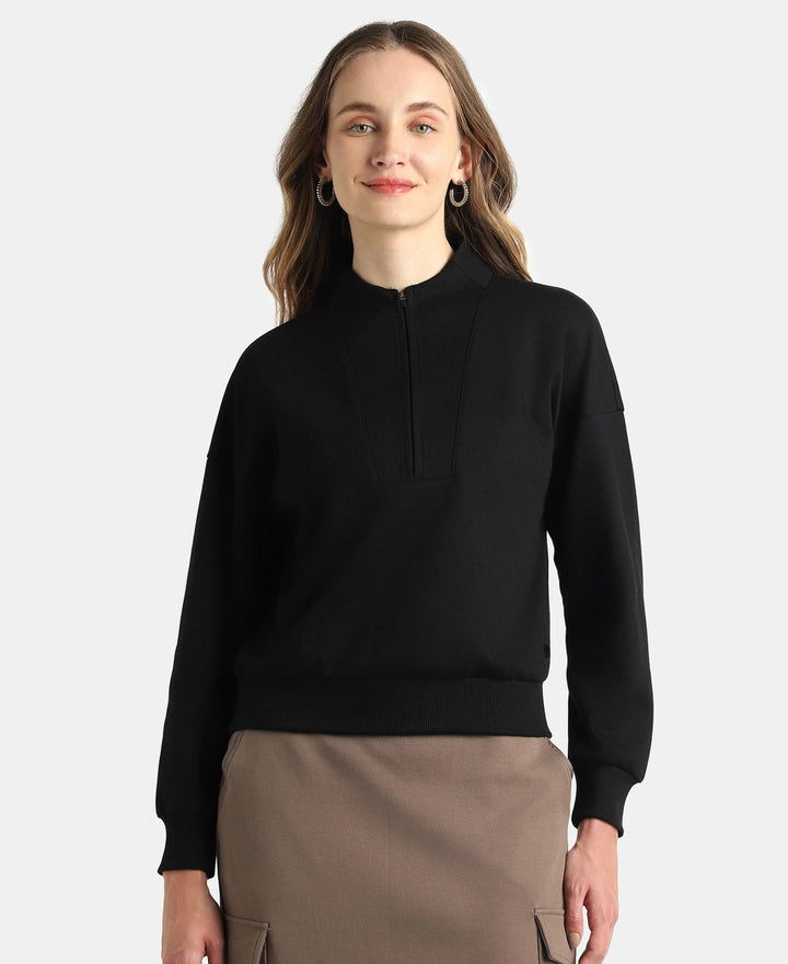 Super Combed Cotton Rich Half Zip Sweatshirt with Drop Shoulder Styling - Black