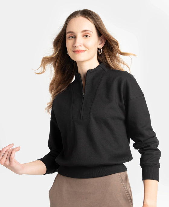 Super Combed Cotton Rich Half Zip Sweatshirt with Drop Shoulder Styling - Black