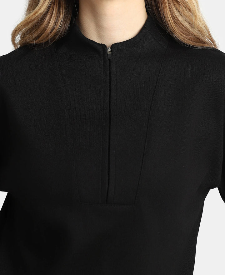 Super Combed Cotton Rich Half Zip Sweatshirt with Drop Shoulder Styling - Black