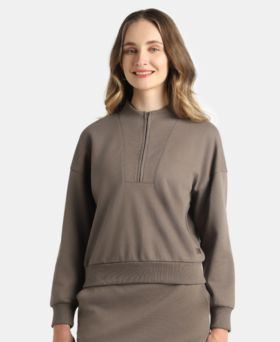 Super Combed Cotton Rich Half Zip Sweatshirt with Drop Shoulder Styling - Dark Khaki