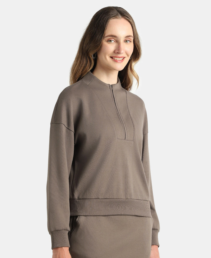 Super Combed Cotton Rich Half Zip Sweatshirt with Drop Shoulder Styling - Dark Khaki