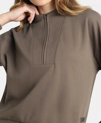 Super Combed Cotton Rich Half Zip Sweatshirt with Drop Shoulder Styling - Dark Khaki