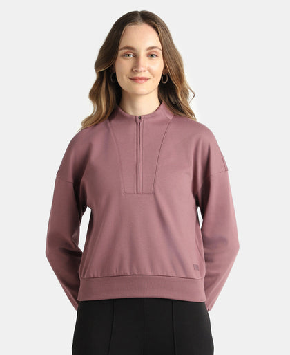 Super Combed Cotton Rich Half Zip Sweatshirt with Drop Shoulder Styling - Rose Taupe