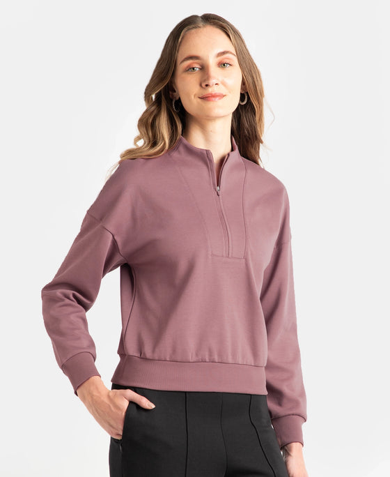 Super Combed Cotton Rich Half Zip Sweatshirt with Drop Shoulder Styling - Rose Taupe
