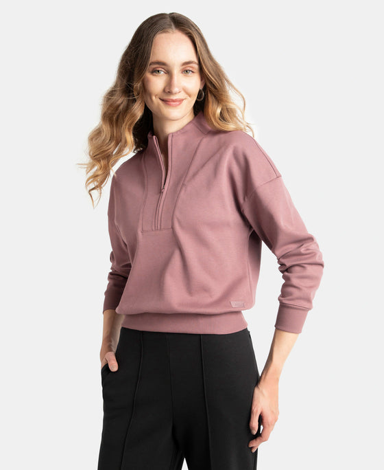 Super Combed Cotton Rich Half Zip Sweatshirt with Drop Shoulder Styling - Rose Taupe