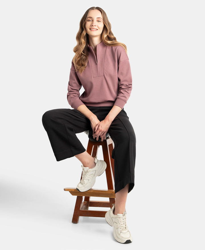 Super Combed Cotton Rich Half Zip Sweatshirt with Drop Shoulder Styling - Rose Taupe