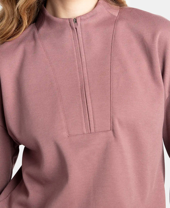 Super Combed Cotton Rich Half Zip Sweatshirt with Drop Shoulder Styling - Rose Taupe
