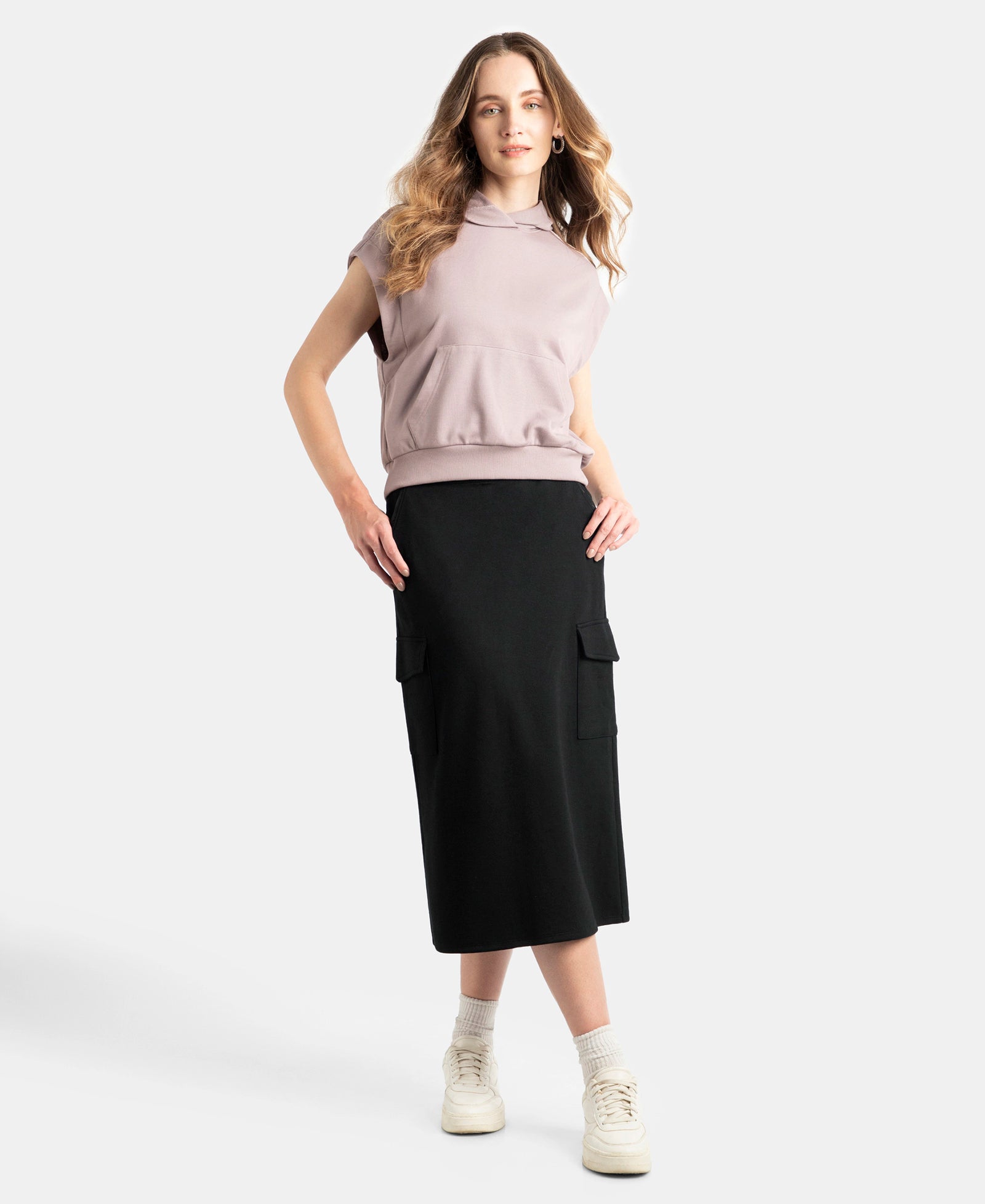 Super Combed Cotton Rich Pique Fabric Cargo Skirt with Inner Drawstrings - Black