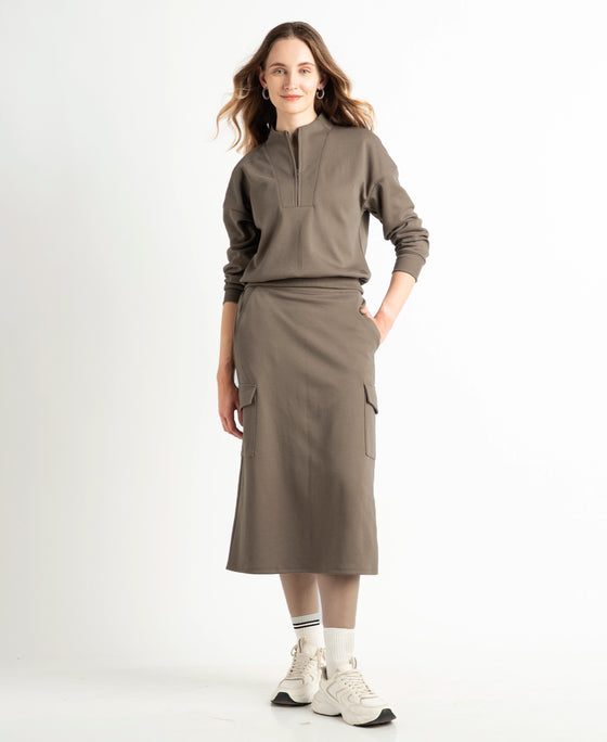 Super Combed Cotton Rich Pique Fabric Cargo Skirt with Inner Drawstrings - Dark Khaki