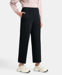 Microfiber Cotton Blend Elastane Stretch Relaxed Fit Wide Leg Pants with Zipper Pockets - Black