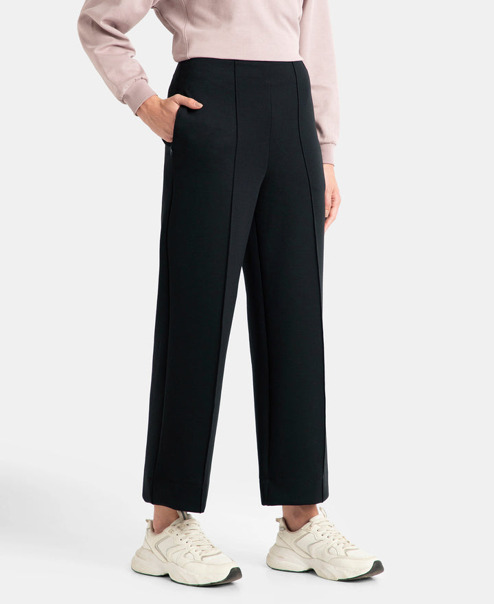 Microfiber Cotton Blend Elastane Stretch Relaxed Fit Wide Leg Pants with Zipper Pockets - Black