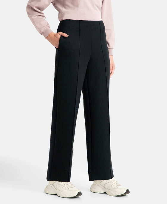 Microfiber Cotton Blend Elastane Stretch Relaxed Fit Wide Leg Pants with Zipper Pockets - Black