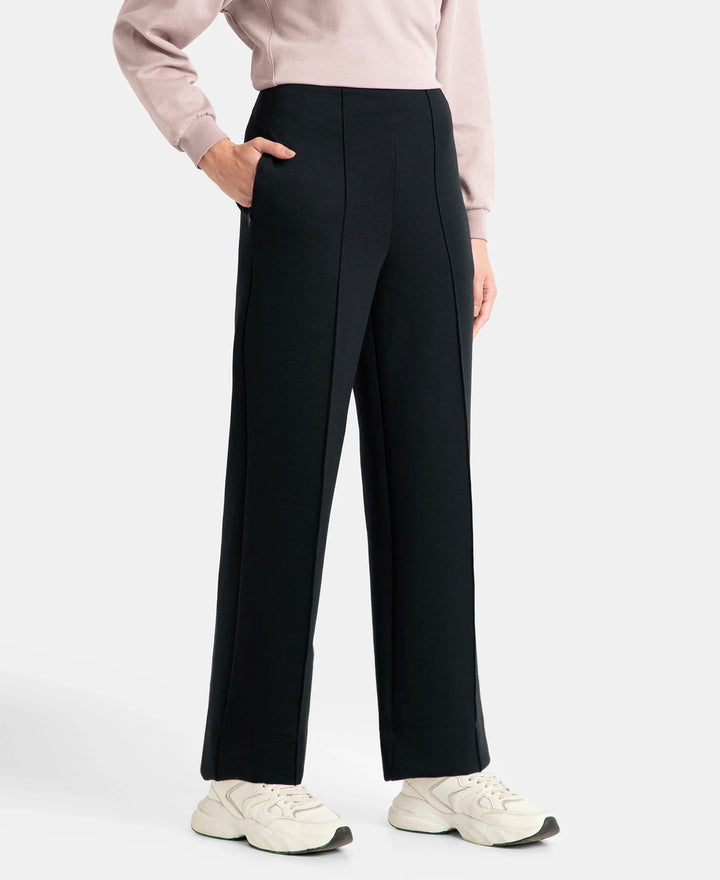 Microfiber Cotton Blend Elastane Stretch Relaxed Fit Wide Leg Pants with Zipper Pockets - Black