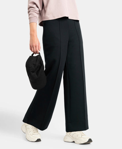 Microfiber Cotton Blend Elastane Stretch Relaxed Fit Wide Leg Pants with Zipper Pockets - Black