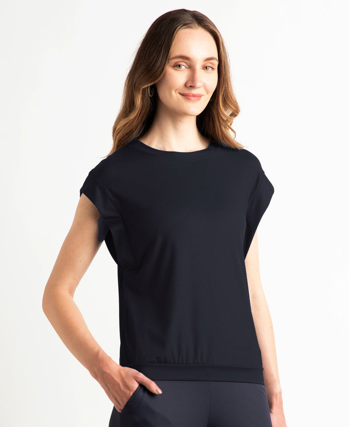 Microfiber Elastane Stretch Hybrid Tank Top with Ribbed Sleeves - Black