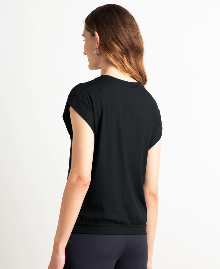 Microfiber Elastane Stretch Hybrid Tank Top with Ribbed Sleeves - Black