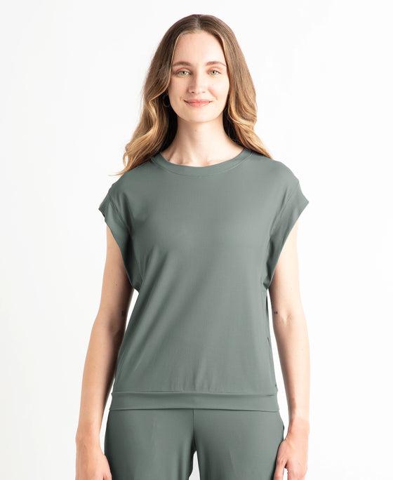 Microfiber Elastane Stretch Hybrid Tank Top with Ribbed Sleeves - Gun Metal