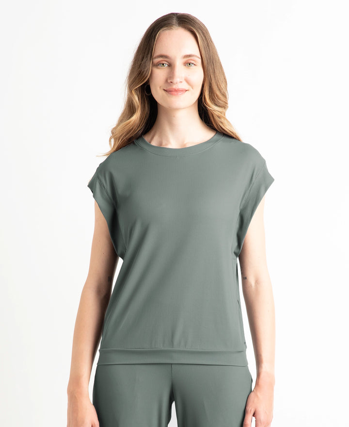 Microfiber Elastane Stretch Hybrid Tank Top with Ribbed Sleeves - Gun Metal