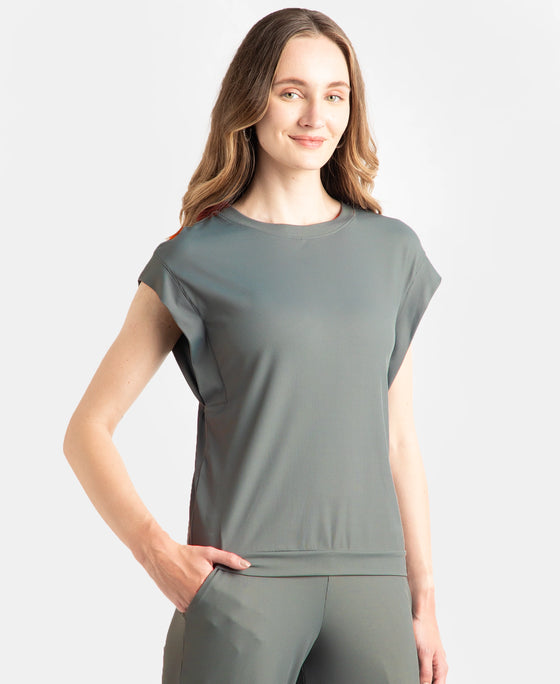 Microfiber Elastane Stretch Hybrid Tank Top with Ribbed Sleeves - Gun Metal