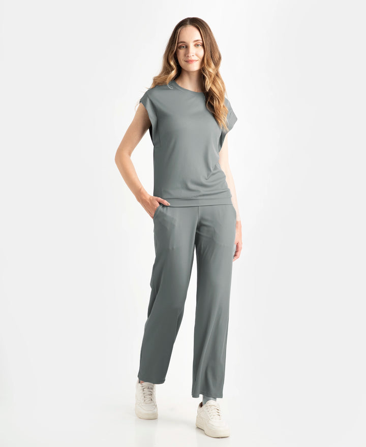 Microfiber Elastane Stretch Hybrid Tank Top with Ribbed Sleeves - Gun Metal