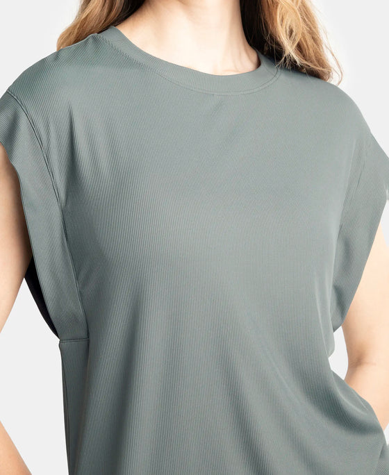 Microfiber Elastane Stretch Hybrid Tank Top with Ribbed Sleeves - Gun Metal