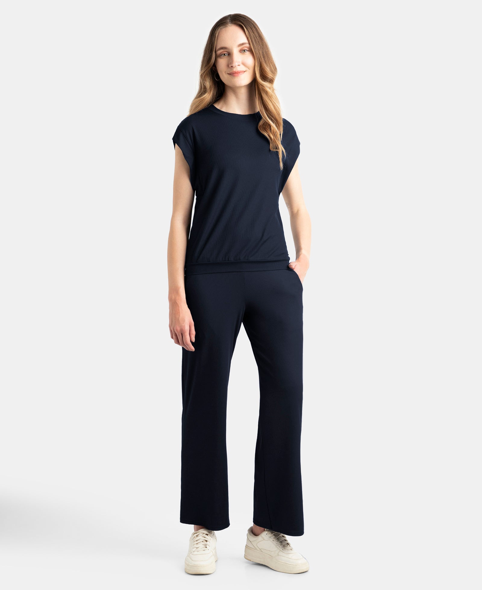 Microfiber Elastane Stretch Hybrid Tank Top with Ribbed Sleeves - Mid Night Navy