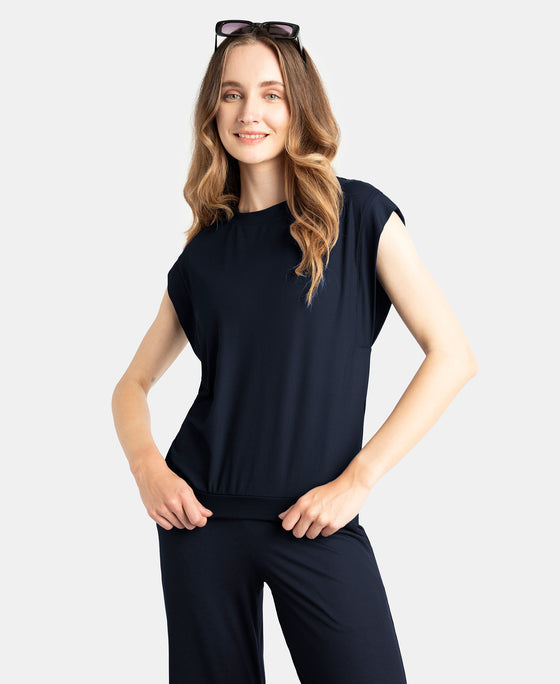 Microfiber Elastane Stretch Hybrid Tank Top with Ribbed Sleeves - Mid Night Navy