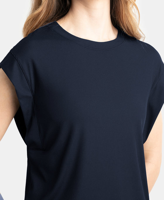 Microfiber Elastane Stretch Hybrid Tank Top with Ribbed Sleeves - Mid Night Navy