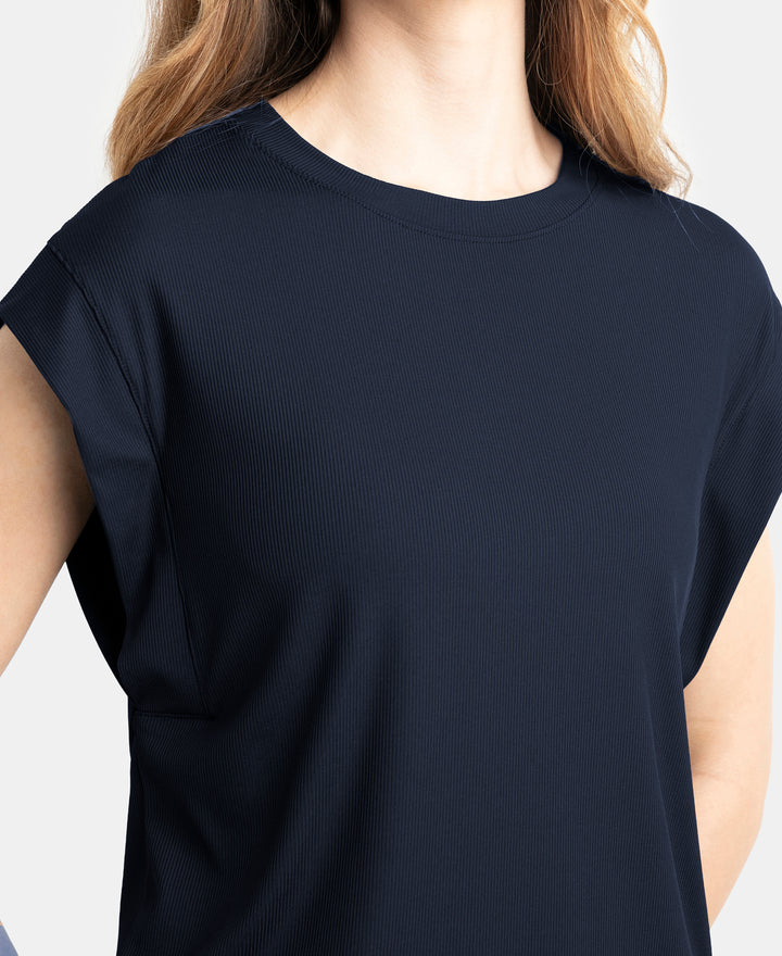 Microfiber Elastane Stretch Hybrid Tank Top with Ribbed Sleeves - Mid Night Navy