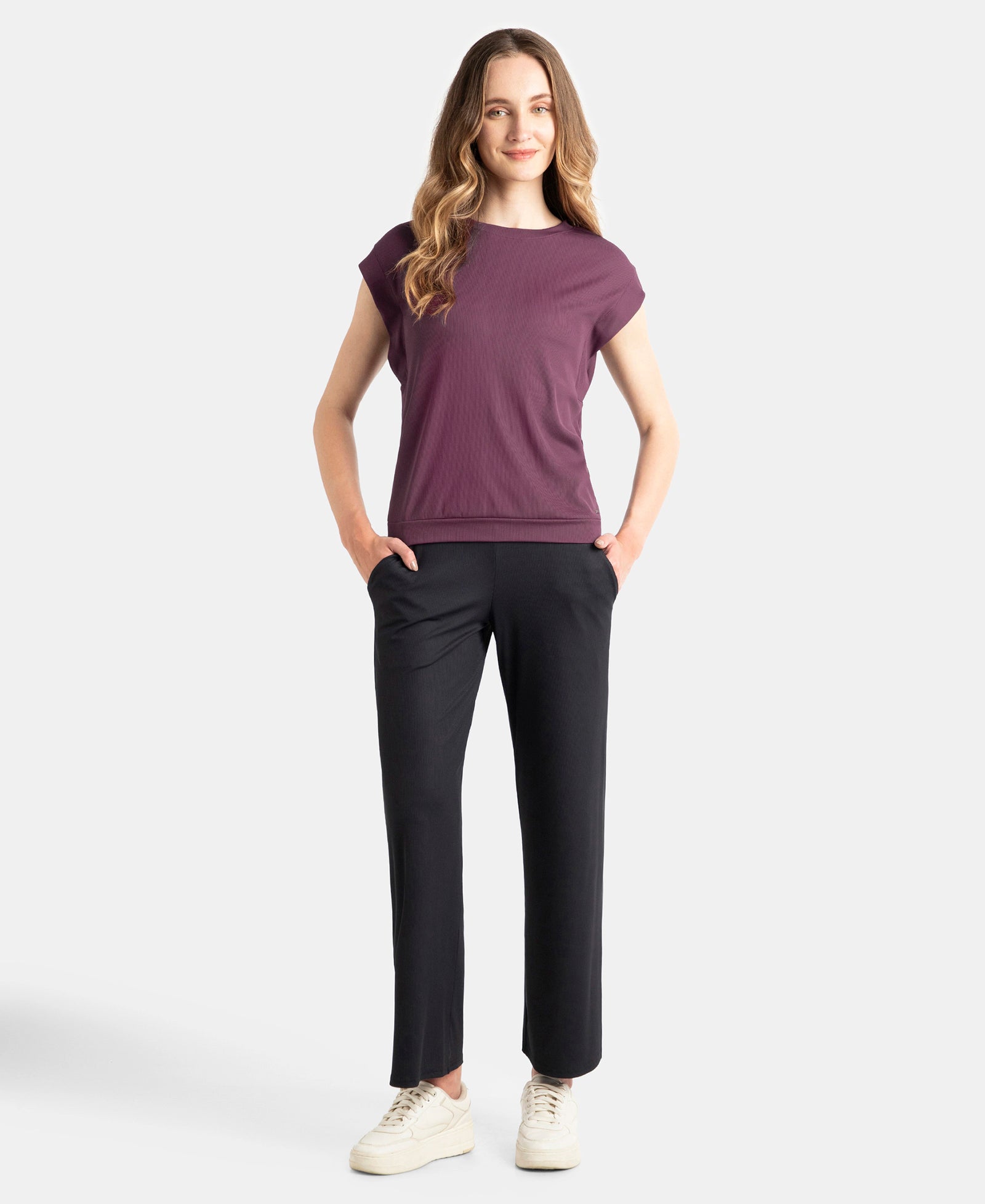 Microfiber Elastane Stretch Hybrid Tank Top with Ribbed Sleeves - Potent Purple