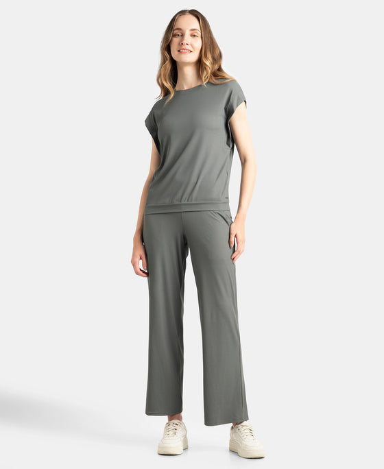 Microfiber Elastane Stretch Regular Fit Wide Leg Pants - Gun Metal
