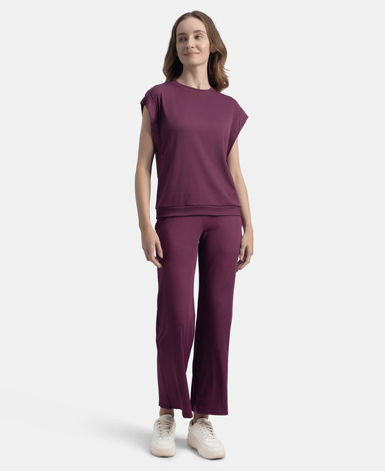 Microfiber Elastane Stretch Regular Fit Wide Leg Pants - Potent Purple