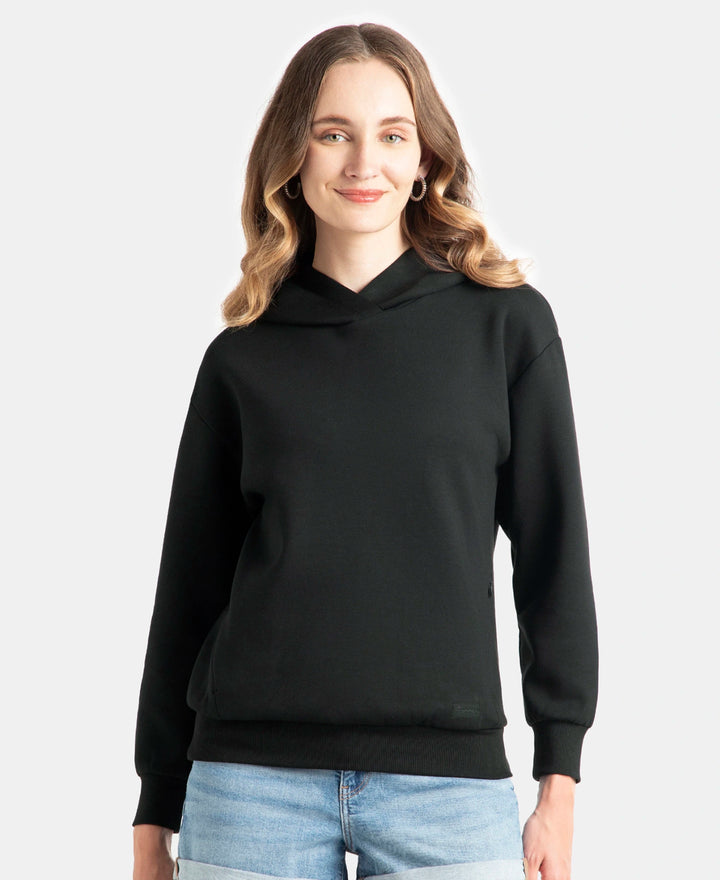 Microfiber Cotton Blend Elastane Stretch Drop Shoulder Hoodie Sweatshirt - Black