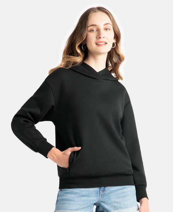 Microfiber Cotton Blend Elastane Stretch Drop Shoulder Hoodie Sweatshirt - Black