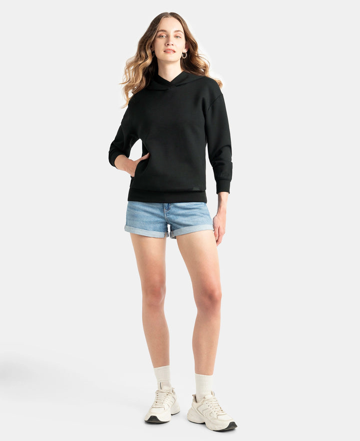 Microfiber Cotton Blend Elastane Stretch Drop Shoulder Hoodie Sweatshirt - Black