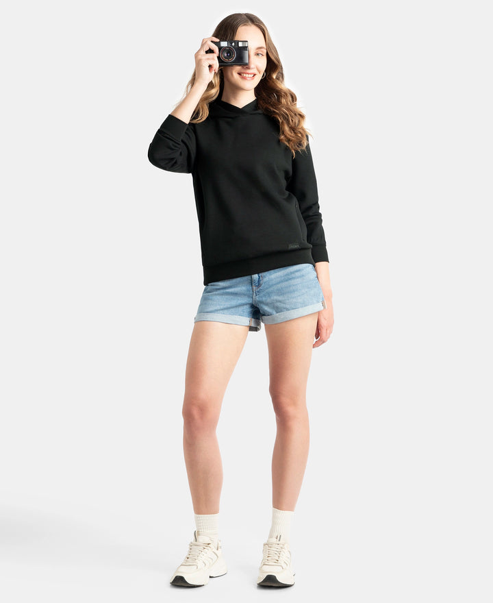 Microfiber Cotton Blend Elastane Stretch Drop Shoulder Hoodie Sweatshirt - Black