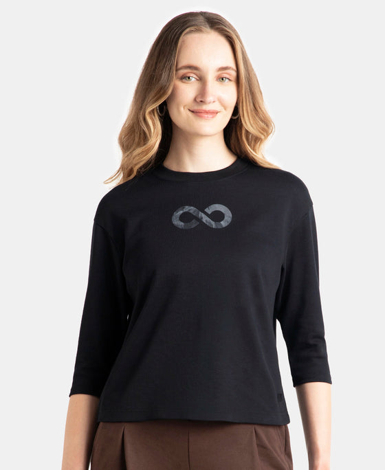 Super Combed Cotton Rich Three Quarter Sleeve Graphic Printed T-Shirt - Deep Black