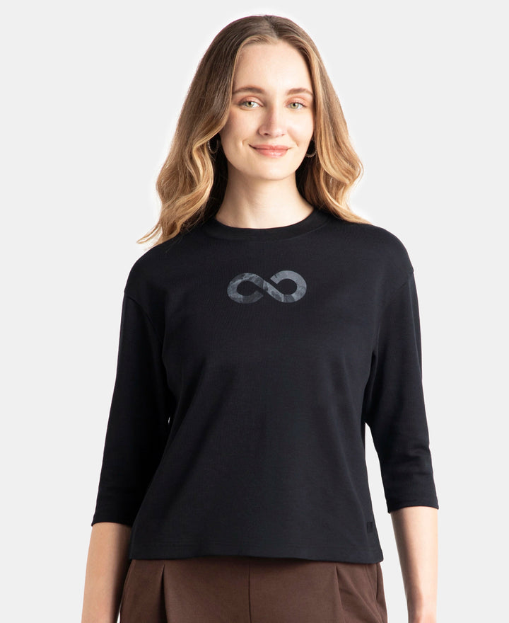 Super Combed Cotton Rich Three Quarter Sleeve Graphic Printed T-Shirt - Deep Black