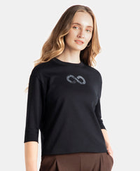 Super Combed Cotton Rich Three Quarter Sleeve Graphic Printed T-Shirt - Deep Black