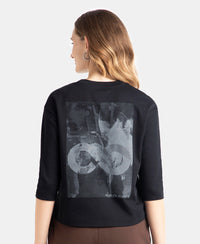 Super Combed Cotton Rich Three Quarter Sleeve Graphic Printed T-Shirt - Deep Black