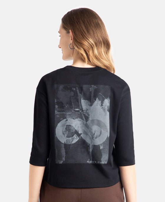 Super Combed Cotton Rich Three Quarter Sleeve Graphic Printed T-Shirt - Deep Black
