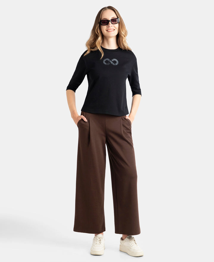 Super Combed Cotton Rich Three Quarter Sleeve Graphic Printed T-Shirt - Deep Black