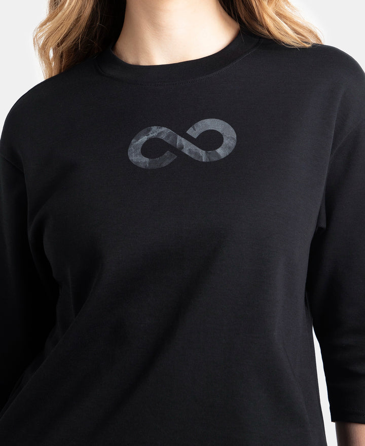 Super Combed Cotton Rich Three Quarter Sleeve Graphic Printed T-Shirt - Deep Black