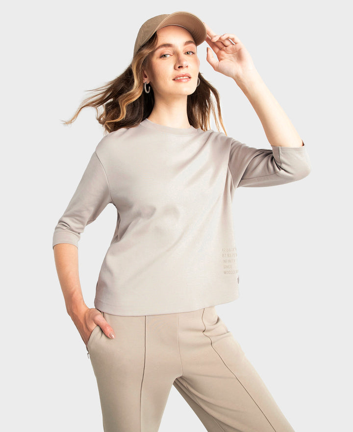 Super Combed Cotton Rich Three Quarter Sleeve Graphic Printed T-Shirt - Dove