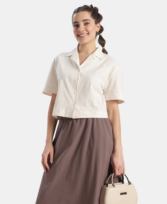 Microfiber Fabric Relaxed Fit Drop Shoulder Styled Shirt - Egret