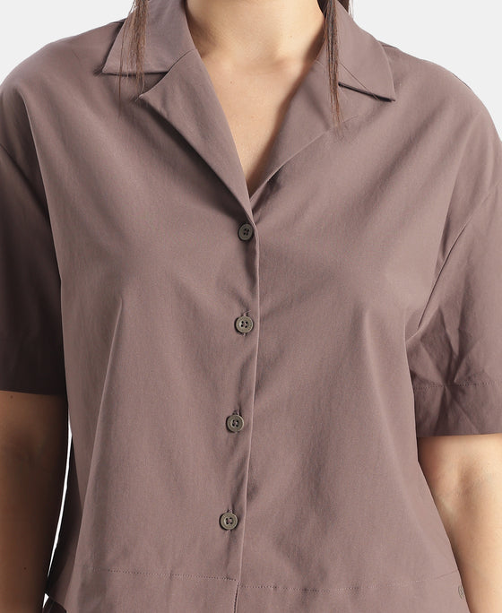 Microfiber Fabric Relaxed Fit Drop Shoulder Styled Shirt - Plum Truffle