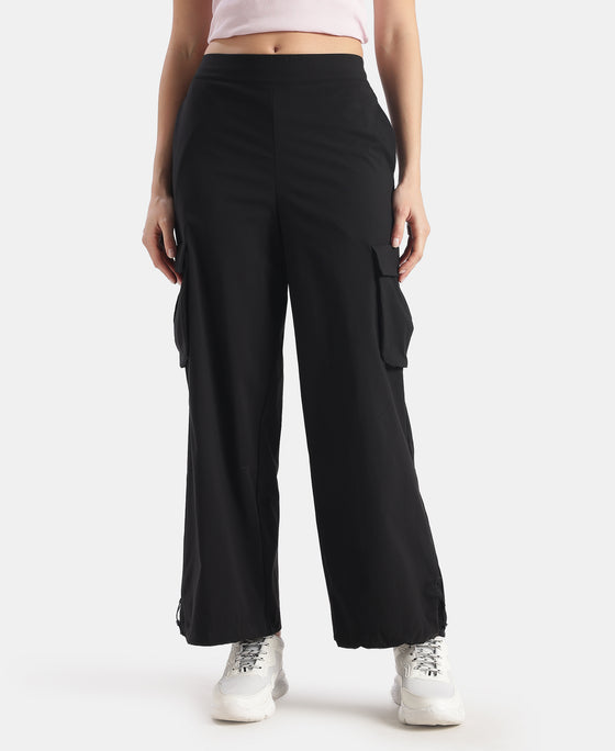 Microfiber Fabric Oversized Cargo Utility Pants with Inner Drawstrings - Black
