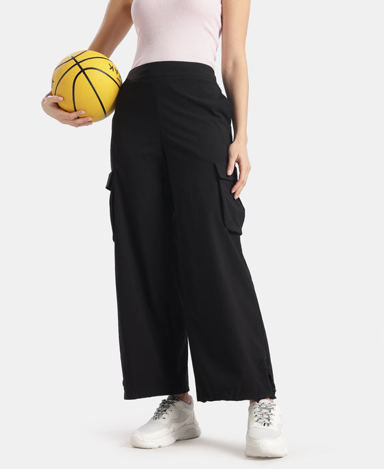 Microfiber Fabric Oversized Cargo Utility Pants with Inner Drawstrings - Black